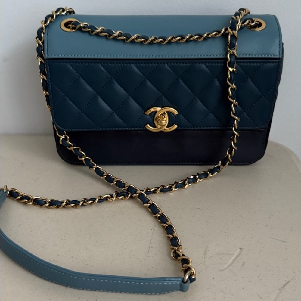 Chanel Teal and Navy Quilted Crossbody Bag